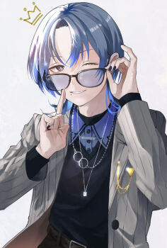 Rule 34 | 1girl, belt, black belt, black nails, black pants, black sweater, blue eyes, blue hair, blue shirt, collared shirt, crown, glasses, grey jacket, highres, hiodoshi ao, hiodoshi ao (1st costume), hololive, hololive dev is, index finger raised, jacket, jagabatako, jewelry, looking at viewer, medium hair, mole, mole under mouth, necklace, one eye closed, pants, pinstripe jacket, pinstripe pattern, shirt, simple background, solo, suit jacket, sweater, v-neck, virtual youtuber, white background