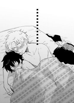 ... 1boy 1girl aftersex blanket blush constricted_pupils full-face_blush futon genderswap genderswap_(mtf) greyscale hetero highres lying messy_hair monochrome niname_shuri nude on_side original short_hair sweat under_covers unworn_clothes wide-eyed