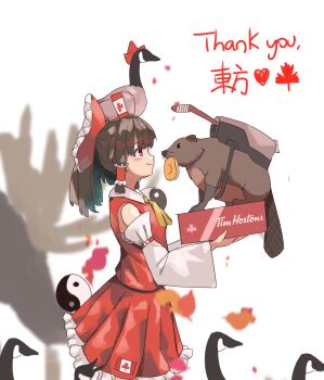 1girl absurdres bare_shoulders beaver bird blunt_tresses blurry bow box breasts brown_hair canadian_flag commentary cowboy_shot depth_of_field detached_sleeves donut english_commentary food frilled_bow frilled_hair_tubes frills from_side goose hair_bow hair_tubes hakurei_reimu highres hockey_stick holding holding_box long_hair long_sleeves moose mouth_hold orb pleated_skirt ponytail profile red_bow red_eyes red_skirt red_vest sarashi simple_background skirt skirt_set small_breasts solo tim_hortons touhou vanilla_flan vest white_background wide_sleeves yin_yang yin_yang_orb