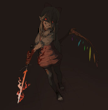 Rule 34 | 1girl, blonde hair, blood, blood on clothes, blood on face, blood on hands, blood on leg, dark, dragging, fire, flaming sword, flaming weapon, flandre scarlet, highres, holding, holding sword, holding weapon, leggings, long hair, looking at viewer, puffy sleeves, red eyes, red shirt, ribbon, sendai (nazonomono), shirt, shorts, slit pupils, smile, solo, sword, three-quarter sleeves, touhou, undershirt, weapon, wings
