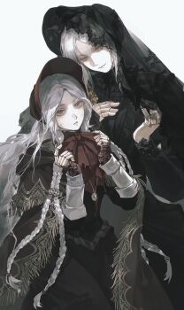 Rule 34 | 2girls, bloodborne, blue eyes, braid, cosplay, costume switch, doll joints, dress, elden ring, elden ring nightreign, flower wreath, hat, head wreath, holding, jewelry, joints, long hair, looking at viewer, low twin braids, multiple girls, plain doll, ramiica404, revenant (elden ring), smile, twin braids, veil, white dress, white hair, white veil