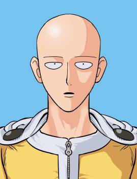 1boy bald black_eyes blue_background bodysuit cape commentary_request geumni33 highres korean_commentary looking_at_viewer male_focus one-punch_man open_mouth portrait profile saitama_(one-punch_man) simple_background solo straight-on superhero_costume white_cape yellow_bodysuit zipper zipper_pull_tab