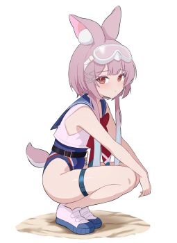 1girl absurdres animal_ears blue_hair blue_one-piece_swimsuit blue_sailor_collar closed_mouth commentary competition_swimsuit crop_top dot_nose english_commentary from_side goggles goggles_on_head gradient_hair highres karin_(stella_sora) looking_at_viewer multicolored_hair neck_ribbon one-piece_swimsuit parallelrey pink_hair rabbit_ears rabbit_girl rabbit_tail red_eyes red_ribbon ribbon sailor_collar sand shirt shoes short_hair_with_long_locks simple_background sleeveless sleeveless_shirt sneakers solo squatting stella_sora swimsuit tail thigh_strap white_background white_shirt white_shoes
