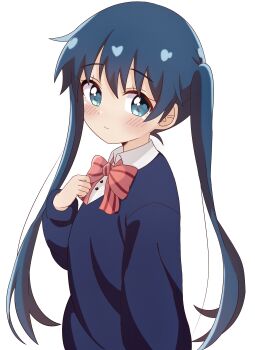 Rule 34 | 1girl, absurdres, aqua eyes, blue eyes, blue hair, blue jacket, blush, bow, bowtie, commentary request, hand up, heart, highres, jacket, kin-iro mosaic, komichi aya, long hair, long sleeves, looking at viewer, moegi high school uniform, r amaji, school uniform, shirt, simple background, smile, solo, striped bow, striped bowtie, striped clothes, tareme, turning head, twintails, upper body, very long hair, white background, white shirt, winter uniform