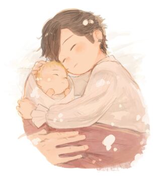 2boys baby black_hair blonde_hair brothers child clive_rosfield commentary_request earrings erwin_smith final_fantasy final_fantasy_xvi j2_path jewelry joshua_rosfield light_blush male_focus multiple_boys shirt short_hair siblings sleeping under_covers upper_body white_background white_shirt