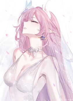 1girl bare_shoulders breasts cleavage closed_mouth cyrene_(honkai:_star_rail) cyrene_(ripples_of_past_reverie)_(honkai:_star_rail) dress earrings feint721 flower hair_flower hair_ornament highres honkai:_star_rail honkai_(series) jewelry long_hair medium_breasts pointy_ears simple_background solo upper_body very_long_hair white_background white_dress