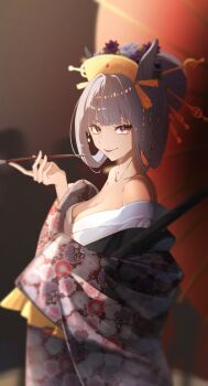 1girl absurdres alternate_costume alternate_hairstyle animal_ears bare_shoulders blunt_bangs breasts cleavage closed_mouth collarbone commentary english_commentary floral_print floral_print_kimono flower gold_ship_(umamusume) grey_hair hair_bun hair_flower hair_ornament highres holding holding_smoking_pipe holding_umbrella horse_ears horse_girl horse_tail japanese_clothes kimono large_breasts long_hair looking_at_viewer mouchu print_kimono purple_eyes smile smoking_pipe solo tail umamusume umbrella