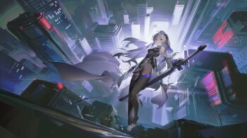 armor bare_shoulders black_gloves black_pantyhose black_thighhighs breasts broken_glass cape cityscape commentary_request detached_sleeves double-parted_bangs faulds floating floating_cape floating_hair glass gloves grey_hair grin highres holding holding_sword holding_weapon katana long_hair medium_breasts night original pantyhose purple_eyes scenery science_fiction semi-transparent_dress shangtianrudi_xiaobailang sheath sheathed smile sword thighhighs toeless_legwear veil weapon wide_sleeves