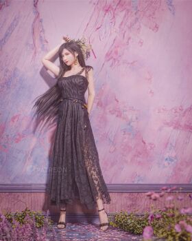 1girl 3d arm_behind_back arm_up artist_name black_dress black_hair black_sandals blurry blurry_foreground bouquet breasts closed_mouth collarbone drayqin dress earrings feet final_fantasy final_fantasy_vii final_fantasy_vii_remake flower full_body heel_up highres holding jewelry long_dress long_hair looking_at_viewer medium_breasts nail_polish petals pink_background pink_flower red_eyes red_lips sandals solo strappy_heels tifa_lockhart toenail_polish toenails toes very_long_hair watermark