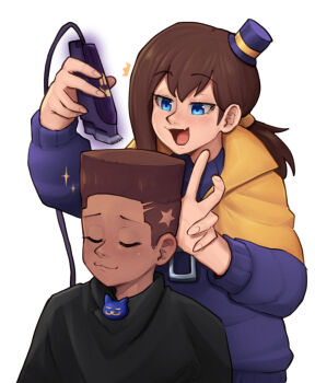 2girls a_hat_in_time aged_up barber_cape blue_eyes blush bow_kid brown_hair cape choso_giving_toudou_a_haircut_(meme) closed_eyes closed_mouth commentary dark-skinned_female dark_skin fang hair_clipper hair_tie hannesfkr hat hat_kid hat_ribbon highres holding jacket long_sleeves meme mini_hat multiple_girls open_mouth ponytail purple_hat purple_jacket ribbon simple_background skin_fang star_(symbol) symbol-only_commentary top_hat white_background yellow_cape yellow_ribbon zipper_pull_tab