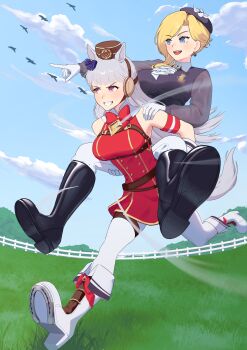 2girls absurdres animal_ears armband ascot azur_lane belt bird black_boots black_hat blonde_hair blue_eyes blue_hat blue_jacket blue_sky boots bow bowtie breasts brown_hat buttons cloud commission crossover double-breasted dress ear_covers earrings fence flower frilled_ascot frills full_body gloves gold_ship_(red_strife)_(umamusume) gold_ship_(umamusume) grass grey_hair grin hair_ribbon hat hat_flower high_heel_boots high_heels highres hood_(azur_lane) hood_(gentlewoman_and_stallion)_(azur_lane) horse_ears horse_girl horse_tail jacket jewelry knee_boots large_breasts long_hair long_sleeves multiple_girls nyle404 official_alternate_costume open_mouth outdoors pants pants_tucked_in pantyhose pillbox_hat pointing purple_eyes red_bow red_bowtie red_dress ribbon riding_boots riding_outfit royal_navy_emblem_(azur_lane) shoe_soles short_dress sky sleeveless sleeveless_dress smile tail teeth tight_clothes tilted_headwear umamusume upper_teeth_only v-shaped_eyebrows vgen_commission white_boots white_gloves white_pants