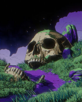 bone calder_moore chromatic_aberration film_grain grass highres jawbone moss night no_humans original outdoors overgrown oversized_object path photoshop_(medium) purple_clouds road rock scenery skull sky star_(sky)