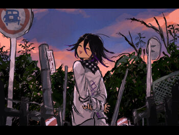 Rule 34 | 1boy, absurdres, arms behind back, bench, black hair, blue sky, checkered clothes, checkered scarf, commentary, cross-laced clothes, cross-laced top, danganronpa (series), danganronpa v3: killing harmony, evening, flipped hair, from behind, hair between eyes, happy, highres, letterboxed, long sleeves, male focus, nuruma3da4, oma kokichi, open mouth, outdoors, pants, pink sky, purple hair, road sign, scarf, short hair, sign, sky, smile, solo, standing, tree, two-tone scarf