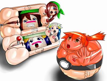 3girls bandana bar_censor blue_hair blush breasts brown_hair butt_crack censored commentary_request dawn_(pokemon) handheld_game_console hat large_breasts may_(pokemon) misty_(pokemon) mou multiple_girls nintendo nintendo_ds nipples no_humans objectification open_mouth orange_hair poke_ball pokedex pokemon pussy saliva side_ponytail simple_background tears what bad_tag