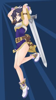 1girl 3d anklet armor armpits attack bare_legs belt black_hair blender_(medium) boots bracelet breastplate breasts commentary commission commissioner_upload english_commentary falling fire_emblem fire_emblem:_genealogy_of_the_holy_war foreshortening gloves highres holding holding_sword holding_weapon jewelry larcei_(fire_emblem) looking_at_viewer nintendo purple_eyes purple_tunic serious short_hair shoulder_armor sidelocks simple_background sleeveless small_breasts solo sword theheat tunic weapon