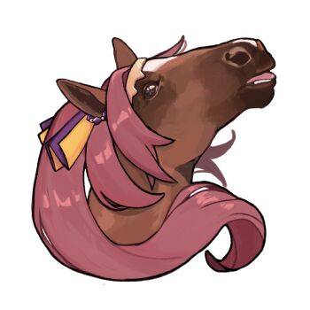 Rule 34 | animal ears, animal focus, borrowed hairstyle, brown hair, flower in eye, gold hairband, hairband, horse, horse ears, lili (lilistration), long hair, open mouth, ponytail, real life, sakura bakushin o (racehorse), sakura bakushin o (umamusume), simple background, solo, symbol in eye, umamusume