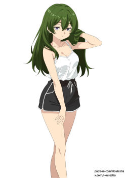 1girl absurdres alternate_costume anime_coloring black_shorts breasts camisole cleavage closed_mouth collarbone commentary_request dolphin_shorts feet_out_of_frame green_hair hand_in_own_hair hand_on_own_thigh hand_up highres houlestia long_hair looking_at_viewer medium_breasts patreon_username purple_eyes shorts simple_background solo sousou_no_frieren standing twitter_username ubel_(sousou_no_frieren) white_background white_camisole