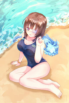 1girl absurdres arm_support artist_name bare_legs barefoot beach blue_one-piece_swimsuit blush bracelet breasts brown_hair cleavage collarbone covered_navel day eyepatch feet full_body heaven_burns_red highres hiiragi_kozue jewelry large_breasts looking_at_viewer medical_eyepatch medium_hair mutsuki_(mutsuki0110) name_tag ocean on_ground one-piece_swimsuit outdoors red_eyes sand school_swimsuit short_hair sitting solo swimsuit water yokozuwari