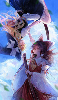 Rule 34 | 2girls, annin cha, apron, ascot, black hat, black skirt, black vest, blonde hair, bow, broom, broom riding, brown eyes, brown hair, cloud, commentary request, detached sleeves, eye contact, falling leaves, frilled bow, frilled hair tubes, frills, hair bow, hair tubes, hakurei reimu, hat, hat bow, highres, image sample, japanese clothes, kirisame marisa, leaf, leaf on head, long hair, looking at another, multiple girls, outdoors, pixiv sample, puffy short sleeves, puffy sleeves, red bow, red eyes, red skirt, ribbon, ribbon-trimmed sleeves, ribbon trim, short sleeves, skirt, skirt set, sky, touhou, twitter username, upside-down, vest, waist apron, white apron, white bow, witch hat, yellow ascot, yellow eyes