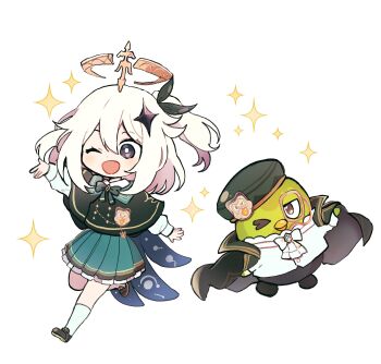 1girl 5rwpvc absurdres bird blonde_hair blue_eyes duo_(duolingo) duolingo genshin_impact hair_between_eyes hair_ornament halo hat highres looking_at_viewer open_mouth owl paimon_(duolingo)_(genshin_impact) paimon_(genshin_impact) short_hair simple_background smile white_background white_hair