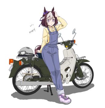 1girl animal_ears artist_name asagi501 blue_overalls bow braid breasts brown_hair commentary_request cropped_legs ear_bow full_body grey_helmet hair_ribbon half_up_braid hand_on_own_head helmet honda_super_cub horse_ears horse_girl horse_tail leaning_against_motorcycle long_sleeves looking_at_viewer medium_hair motor_vehicle motorcycle multicolored_hair overalls parted_lips pink_shoes purple_bow purple_eyes purple_ribbon ribbon shirt shoes simple_background small_breasts sneakers solo special_week_(umamusume) tail translation_request twitter_username two-tone_hair umamusume unworn_headwear unworn_helmet vehicle_request watermark white_background white_hair yellow_shirt