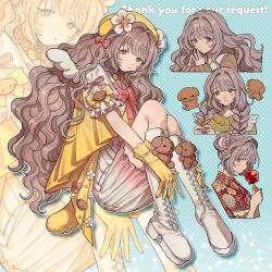 Rule 34 | &gt; &lt;, 1girl, ;o, absurdres, aoi (yooo009), beret, blush, boots, braid, brown hair, candy apple, closed mouth, cross-laced footwear, dog, english text, flower, food, frills, full body, gloves, hair intakes, hair ornament, hat, highres, holding, holding food, japanese clothes, kimono, knee boots, long hair, looking at viewer, multiple views, non-web source, one eye closed, original, portrait, profile, puffy sleeves, ribbon, shoes, sitting, skirt, tearing up, very long hair, wavy hair, white footwear, wings, yellow eyes, yellow gloves, yukata