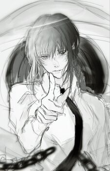 1girl braid braided_ponytail chain chainsaw_man collared_shirt greyscale highres huhaha09 long_hair long_sleeves looking_at_viewer makima_(chainsaw_man) monochrome necktie pointing pointing_at_viewer shirt sidelocks solo
