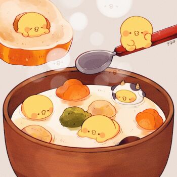 Rule 34 | animal, animal costume, baby animal, bird, bowl, broccoli, carrot slice, chick, chicken, commentary request, cow costume, food, food focus, kimipiyo (tenmiyakiyo), no humans, original, potato, spoon, steaming food, stew, tenmiyakiyo