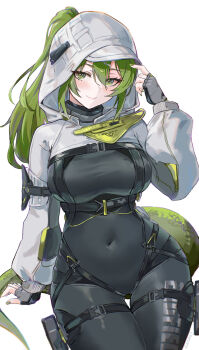 Rule 34 | 1girl, absurdres, arknights, arknights: endfield, atiarta7, black bodysuit, black gloves, bodysuit, breasts, closed mouth, commentary, covered navel, cowboy shot, fingerless gloves, fingernails, fluorite (arknights), gloves, green eyes, green hair, green nails, hair between eyes, hashtag-only commentary, highres, hood, hood up, hooded shrug, long hair, looking at viewer, medium breasts, nail polish, ponytail, shrug (clothing), simple background, smile, snake tail, solo, tail, thigh gap, twitter username, white background, white shrug
