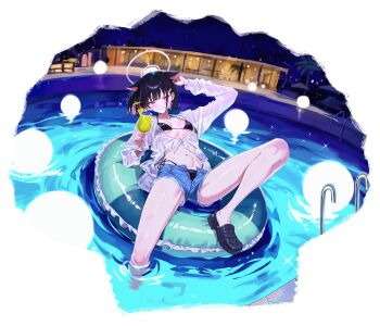 1girl absurdres animal_ears bikini black_bikini black_hair blue_archive crocs cup cutoffs frilled_innertube frills hair_ornament hairclip highres holding holding_cup innertube kazusa_(blue_archive) looking_at_viewer lying night on_back open_clothes open_shirt pool see-through_clothes short_hair signallerc sky solo swim_ring swimsuit