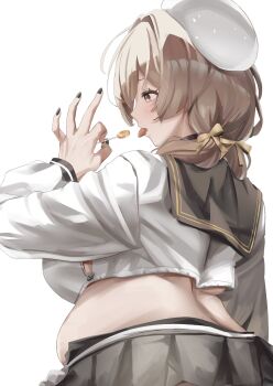 1girl absurdres aobaryuu back belly beret black_nails black_skirt blush bow bready_(nikke) breasts brown_bow brown_eyes brown_hair candy crop_top fellatio_gesture food from_side goddess_of_victory:_nikke hair_bow hair_over_shoulder hat highres holding holding_candy holding_food holding_lollipop large_breasts lollipop low_twintails medium_hair muffin_top plump shirt skirt solo tongue tongue_out twintails white_background white_hat white_shirt