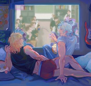 Rule 34 | 2boys, antenna hair, arm tattoo, black shirt, blonde hair, closed eyes, commentary, english commentary, facial tattoo, food, gradient hair, grey pants, honkai: star rail, honkai (series), leg tattoo, male focus, male underwear, medium hair, multicolored hair, multiple boys, mydei (honkai: star rail), p1enon, pants, phainon (honkai: star rail), popcorn, red hair, red male underwear, red tattoo, shirt, short hair, sleeveless, sleeveless shirt, tattoo, toned, toned male, underwear, white hair, white shirt, yaoi, yellow eyes