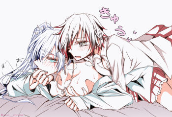 2girls black_hair blue_eyes blush breasts cleavage female_focus finger_in_another's_mouth grabbing_another's_breast grey_eyes groping jewelry long_hair monochrome_(263764) multiple_girls necklace open_clothes open_shirt ponytail ruby_rose rwby school_uniform shirt short_hair weiss_schnee white_hair yuri