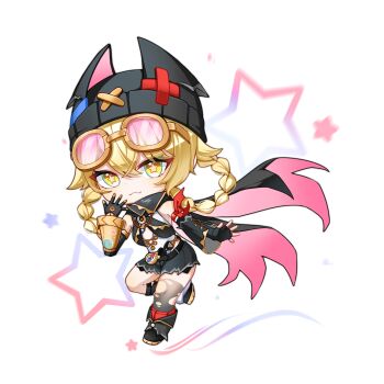 1girl black_gloves blonde_hair boots braid braided_hair_rings cape chibi ellox fingerless_gloves full_body genshin_impact gloves goggles goggles_on_head hair_rings hat highres jahoda_(genshin_impact) looking_at_viewer scarf skirt smile solo star-shaped_pupils star_(symbol) symbol-shaped_pupils thighhighs yellow_eyes yellow_pupils