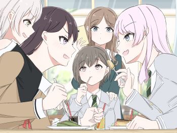 5girls bang_dream! bang_dream!_it&#039;s_mygo!!!!! black_shirt blue_eyes blue_shirt blush brown_dress brown_hair cake cellphone chihaya_anon commentary_request dress drinking_straw fang food food_theft fork green_necktie grey_eyes grey_hair grey_jacket hanasakigawa_school_uniform hand_on_another&#039;s_shoulder haneoka_school_uniform highres holding holding_fork holding_phone jacket kaname_raana layered_sleeves long_hair long_sleeves matcha_(food) melty_lubll multiple_girls mygo!!!!!_(bang_dream!) nagasaki_soyo necktie open_mouth phone pink_eyes pink_hair purple_eyes school_uniform shiina_taki shirt short_hair short_over_long_sleeves short_sleeves sidelocks skin_fang smartphone takamatsu_tomori tsukinomori_school_uniform white_hair white_shirt yellow_eyes