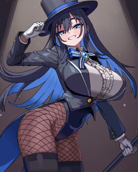 1girl alternate_costume black_hair blue_eyes blue_hair bow bowtie breasts cane cl_oor colored_inner_hair commentary fishnet_pantyhose fishnets gloves hat hat_tip heart-shaped_gem highres holding hololive hololive_english huge_breasts jacket leotard long_hair looking_at_viewer magician multicolored_hair ouro_kronii pantyhose smile solo spotlight tailcoat thighhighs top_hat two-tone_hair virtual_youtuber wand white_gloves