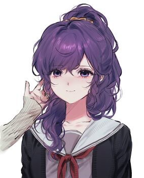 2girls aegyo_sal asahina_mafuyu asahina_mafuyu's_mother black_cardigan cardigan closed_mouth collarbone commentary_request grey_shirt hair_between_eyes hair_ornament hair_over_shoulder hair_scrunchie high_ponytail komeng_64 korean_commentary long_hair long_sleeves looking_at_viewer miyamasuzaka_girls'_academy_school_uniform multiple_girls neckerchief open_cardigan open_clothes orange_scrunchie out_of_frame ponytail project_sekai purple_eyes purple_hair red_neckerchief sailor_collar school_uniform scrunchie serafuku shirt sidelocks simple_background smile solo_focus upper_body white_background white_sailor_collar