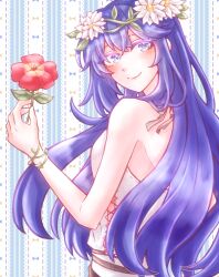 Rule 34 | 1girl, armlet, armpits, artist request, back, backless dress, backless outfit, bare shoulders, blonde hair, blue eyes, blush, bracelet, breasts, cleavage, clenched hand, collarbone, dress, fire emblem, fire emblem awakening, fire emblem heroes, flower, from behind, hair between eyes, hand up, happy, highres, holding, holding flower, intelligent systems, jewelry, long dress, long hair, looking at viewer, looking back, lucina (fire emblem), lucina (valentine) (fire emblem), matching hair/eyes, neck, nintendo, no bra, official alternate costume, rope belt, shoulder blades, side slit, sidelocks, sleeveless, sleeveless dress, smile, standing, sundress, symbol in eye, turning head, white dress