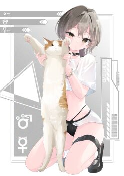 1girl black_bra black_panties bow bow_panties bra bracelet brown_eyes brown_hair cat choker crop_top english_text head_tilt highres inubouzaki_(i_nu1515) jewelry kneeling leather leather_choker navel original panties see-through_clothes see-through_shirt shirt simple_background solo tagme thigh_strap underwear white_background white_shirt