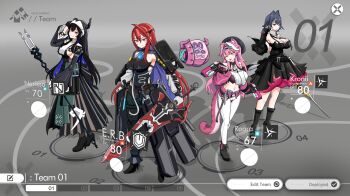 4girls :p absurdres ahoge animal_ear_fluff animal_ears arknights arknights:_endfield bare_shoulders black_boots black_dress black_gloves black_hair black_shoes black_tube_top black_veil blue_eyes blue_fire blue_hair boots breasts cleavage colored_inner_hair colored_petticoat commentary cosplay covered_navel demon_girl demon_horns detached_sleeves dress dual_wielding elizabeth_rose_bloodflame ember_(arknights) ember_(arknights)_(cosplay) english_commentary fake_screenshot fire fire_on_chest gloves greatsword gun high_heel_boots high_heels highres holding holding_gun holding_staff holding_sword holding_weapon hololive hololive_english horns horns_through_headwear laevatain_(arknights) laevatain_(arknights)_(cosplay) large_breasts leotard_over_bodysuit long_hair looking_at_viewer mage_staff midriff multicolored_gloves multicolored_hair multiple_girls navel nerissa_ravencroft nun_headdress ouro_kronii panther_ears panther_girl panther_tail pants petticoat pink_gloves pink_hair pink_sleeves pink_tail pink_tube_top raora_panthera red_eyes red_hair robot see-through_cleavage see-through_clothes shadowsky_exe shoes sleeveless sleeveless_dress smile staff strapless streaked_hair surtr_(arknights) sword tail tongue tongue_out tube_top two-sided_gloves two-tone_hair user_interface veil virtual_youtuber weapon white_hair white_pants white_streaks xaihi_(arknights) xaihi_(arknights)_(cosplay) yellow_eyes yvonne_(arknights) yvonne_(arknights)_(cosplay)