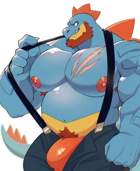 1boy alligator_boy bara beard belly claws clenched_hand closed_mouth crocodilian_tail facial_hair fangs fangs_out fat fat_man feraligatr furry furry_male gen_2_pokemon highres male_focus male_underwear navel nintendo nipples open_fly pokemon pokemon_(creature) profile red_male_underwear scar scar_on_chest smile suspenders tail topless_male torazaki underwear white_background
