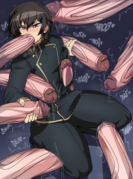 6+boys absurdres blush brown_hair captain_kirb code_geass dark-skinned_male dark_skin english_text erection fellatio gradient_background group_sex highres huge_penis interracial lelouch_vi_britannia looking_at_penis medium_hair multiple_boys open_mouth oral penis penis_grab purple_eyes veins veiny_penis yaoi