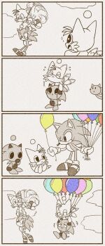 4koma artist_request balloon chao_(sonic) comforting comic flying fox goves highres multiple_tails sega shoes sky smile socks sonic_(series) sonic_adventure sonic_the_hedgehog spiked_hair tail tails_(sonic) tears two_tails