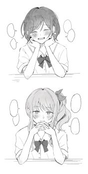 1girl 1other akiyama_mizuki blank_speech_bubble blush bow bowtie closed_mouth collared_shirt commentary_request elbow_rest facing_viewer greyscale hair_ribbon hands_on_own_face hands_up head_rest highres interlocked_fingers kyline looking_at_viewer monochrome open_mouth own_hands_clasped own_hands_together parted_bangs project_sekai ribbon shinonome_ena shirt short_hair short_sleeves side_ponytail sidelocks simple_background smile speech_bubble swept_bangs teeth upper_teeth_only white_background