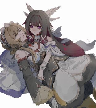 Rule 34 | 2girls, automaton (object), bare shoulders, black collar, black hair, black sleeves, blood, blood on face, bow, breasts, brown hair, cleavage, closed eyes, collar, columbina (genshin impact), commentary request, detached collar, dress, feathered wings, ff kahr20, gem, genshin impact, hair ornament, head wings, headdress, highres, hug, multicolored hair, multiple girls, multiple wings, purple eyes, purple hair, purple streaks, red gem, sandrone (genshin impact), short hair with long locks, tears, white background, white dress, white headdress, white wings, winding key, wing hair ornament, wings, wrist bow