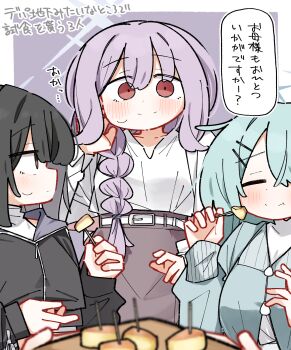 1other 3girls :t absurdres atsuko_(blue_archive) belt belt_buckle black_hair black_jacket blue_archive blush border braid brown_eyes brown_skirt buckle closed_eyes closed_mouth commentary_request dash_b food food_request grey_jacket hair_between_eyes hair_ornament hair_over_shoulder hairclip halo highres hiyori_(blue_archive) holding holding_food holding_tray jacket long_hair long_sleeves misaki_(blue_archive) multiple_girls puffy_long_sleeves puffy_sleeves purple_background purple_hair shirt single_braid skirt smile translation_request tray very_long_hair white_belt white_border white_shirt