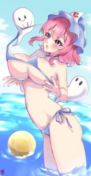 1girl ball beachball bikini bikini_pull bikini_top_pull blue_bikini blue_sky blush bracelet breasts clothes_pull cloud ellen_drawing from_side ghost hat highres jewelry large_breasts medium_hair nail_polish ocean open_mouth pink_eyes pink_hair pink_nails saigyouji_yuyuko side-tie_bikini_bottom sky smile solo swimsuit thighs touhou wading