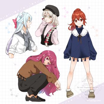 1boy 3girls alternate_costume anna_(fire_emblem) blonde_hair blue_hair braid breasts commentary_request contemporary fire_emblem fire_emblem_engage framme_(fire_emblem) highres long_hair looking_at_viewer medium_breasts midori_no_baku multiple_girls nintendo pink_hair red_eyes red_hair rosado_(fire_emblem) single_braid yunaka_(fire_emblem)