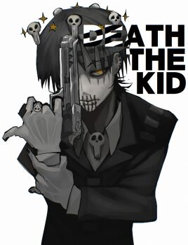 Rule 34 | 1boy, artist name, black hair, black nails, black suit, character name, chromatic aberration, closed mouth, collared shirt, commentary, covering face, crown, death the kid, expressionless, facial tattoo, floating crown, formal clothes, glowing, glowing eyes, grey hair, gun, hand up, handgun, highres, holding, holding gun, holding own wrist, holding weapon, layered sleeves, long sleeves, looking at viewer, male focus, multicolored hair, muted color, one eye covered, pale skin, ringed eyes, runninnzin, shirt, short hair, simple background, skull, skull brooch, skull ring, solo, soul eater, star (symbol), striped hair, suit, tattoo, upper body, weapon, white background, yellow eyes