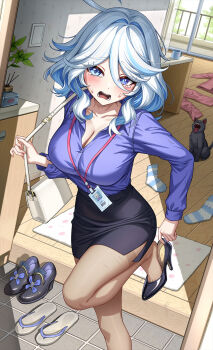 1girl adjusting_clothes adjusting_shoe alternate_breast_size_(larger) alternate_costume bag black_cat black_shoes black_skirt blue_eyes blue_hair blush breasts cat cleavage collarbone collared_shirt commentary_request fingernails furina_(genshin_impact) genshin_impact grey_hair hair_between_eyes hair_intakes high_heels highres id_card indoors lanyard large_breasts legs long_sleeves looking_at_viewer medium_hair multicolored_hair no-ba office_lady open_mouth pantyhose pencil_skirt purple_shirt sheer_pantyhose shirt shirt_tucked_in shoes shoulder_bag side_ahoge skirt socks solo streaked_hair tearing_up thighband_pantyhose unworn_shoes unworn_socks variant_set white_bag